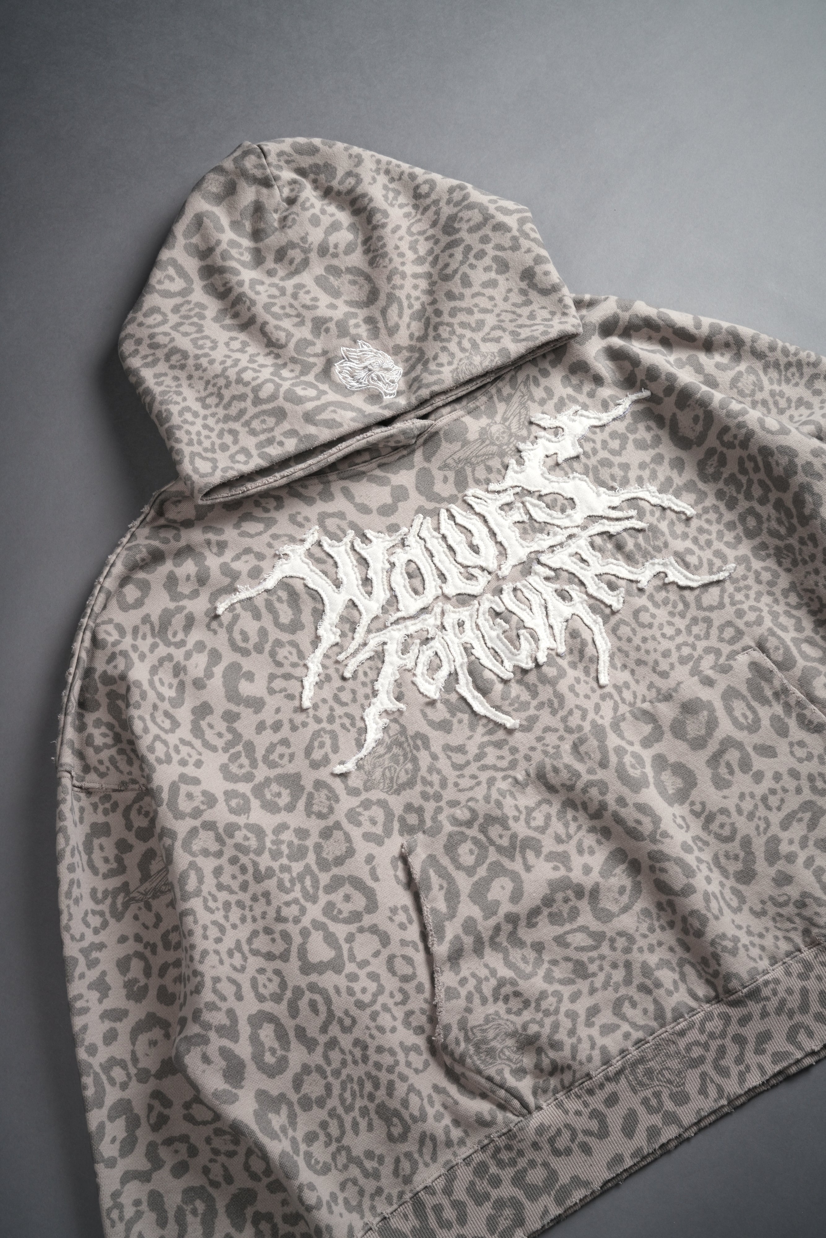 Forged From Iron Applique Destroyed Grunge Gage Box Cut Hoodie in Clay Leopard