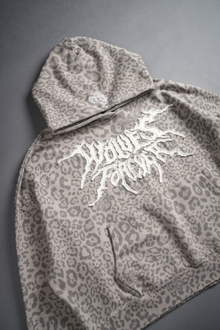 Forged From Iron Applique Destroyed Grunge Gage Box Cut Hoodie in Clay Leopard