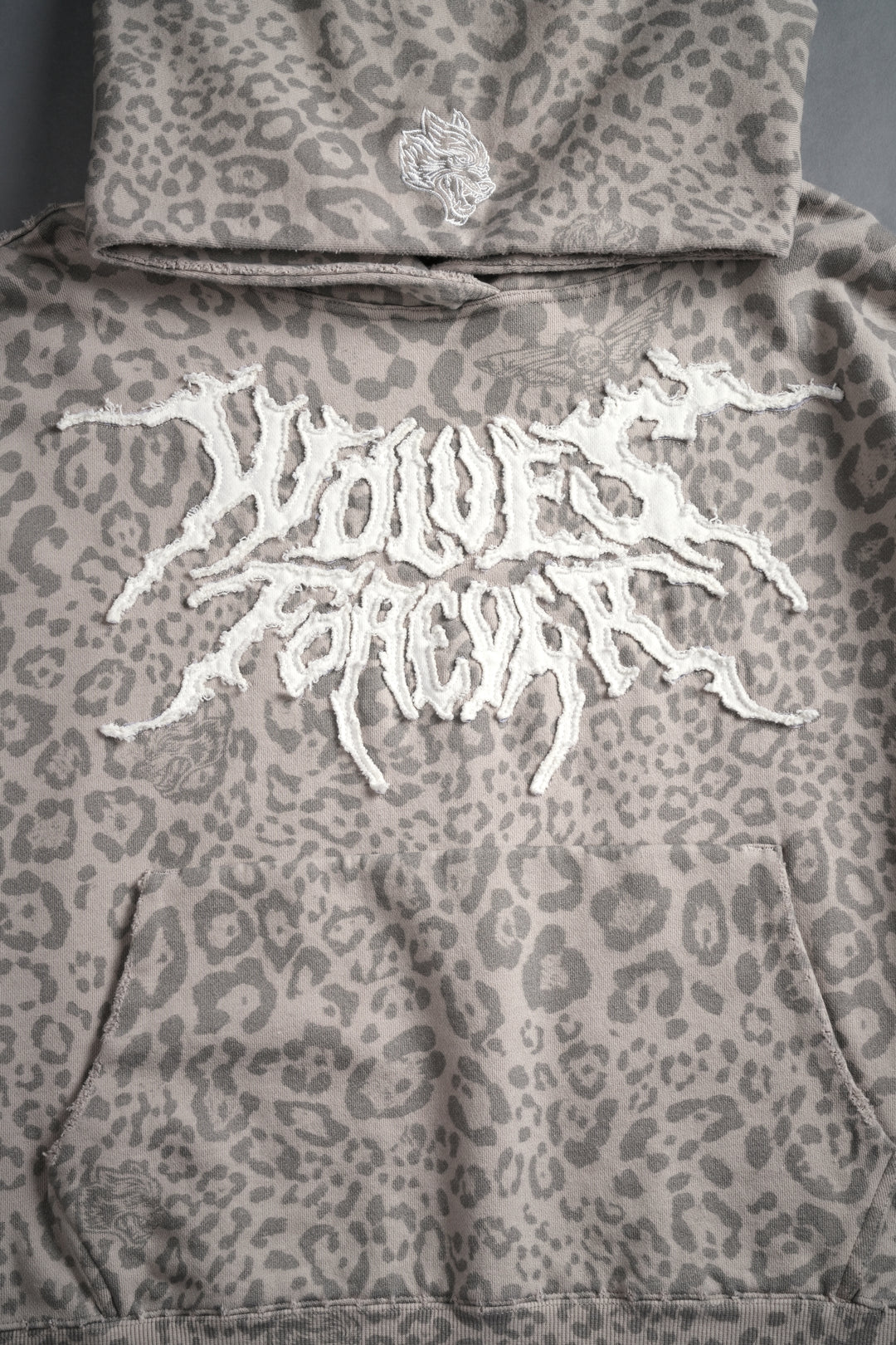 Forged From Iron Applique Destroyed Grunge Gage Box Cut Hoodie in Clay Leopard