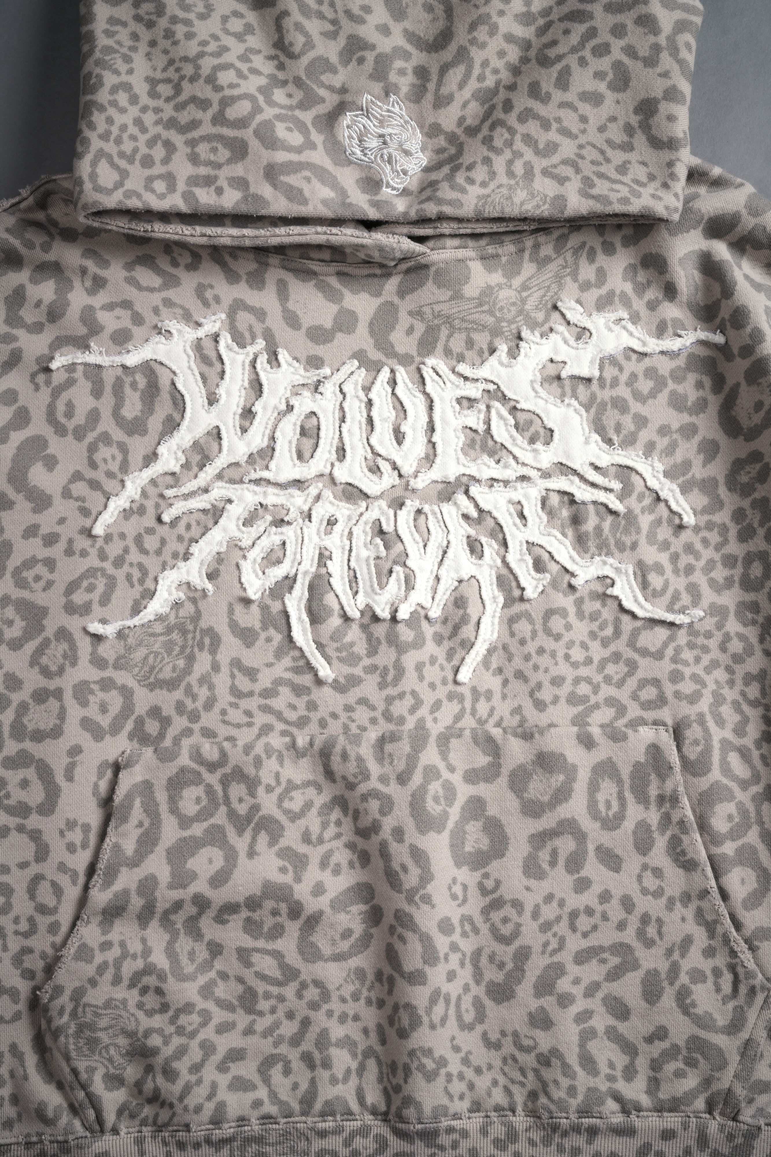 Forged From Iron Applique Destroyed Grunge Gage Box Cut Hoodie in Clay Leopard
