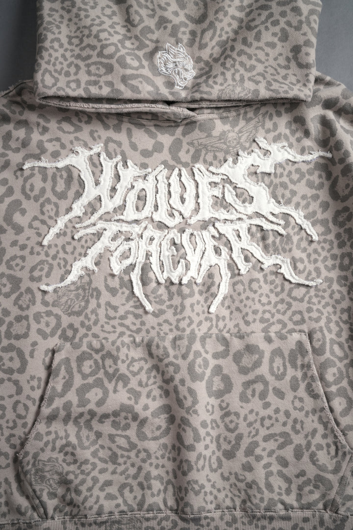 Forged From Iron Applique Destroyed Grunge Gage Box Cut Hoodie in Clay Leopard