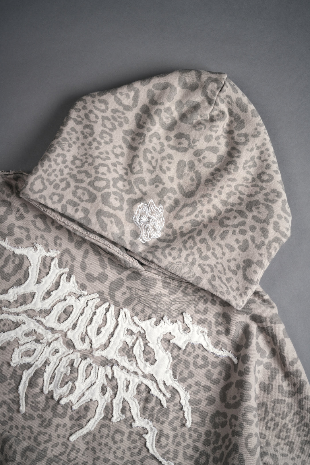 Forged From Iron Applique Destroyed Grunge Gage Box Cut Hoodie in Clay Leopard