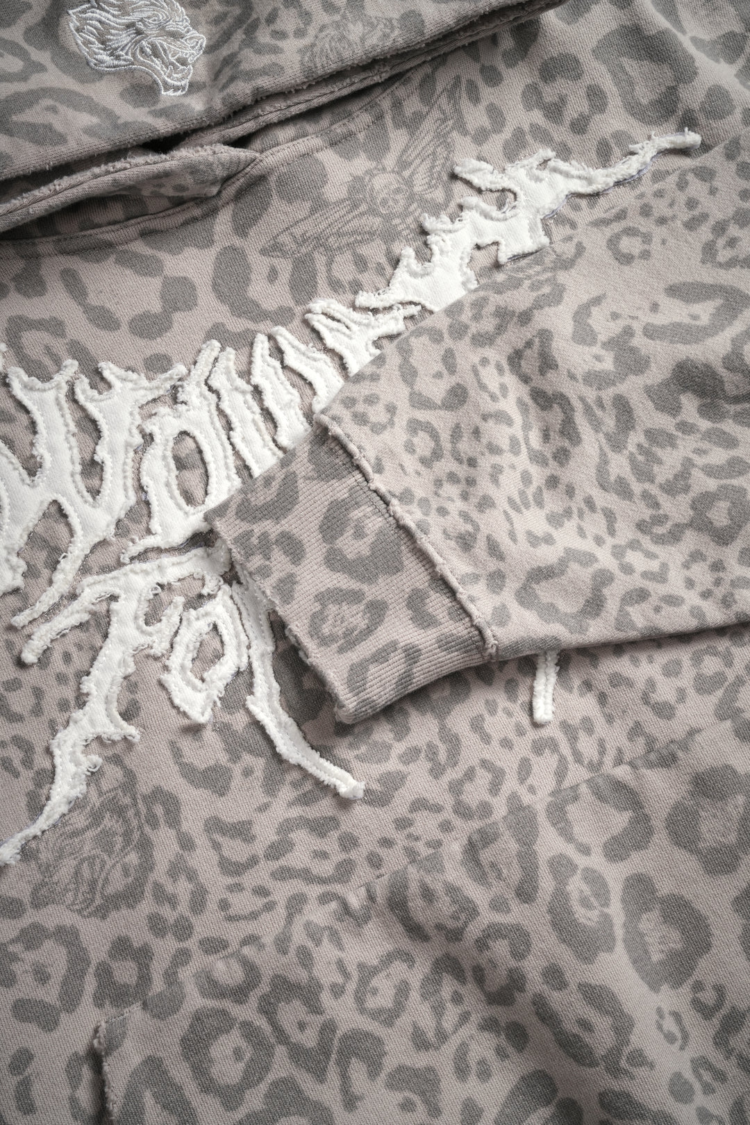 Forged From Iron Applique Destroyed Grunge Gage Box Cut Hoodie in Clay Leopard