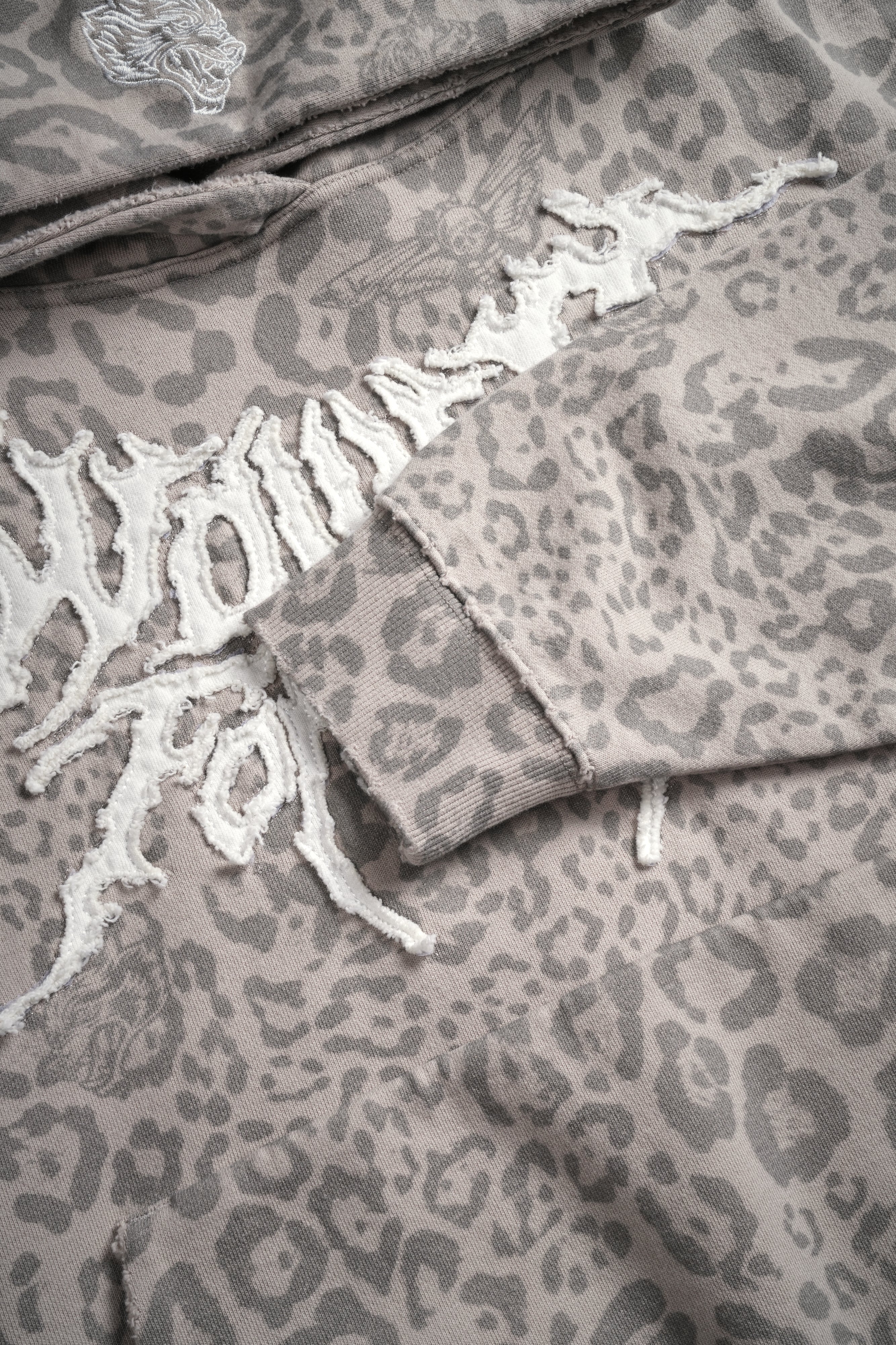 Forged From Iron Applique Destroyed Grunge Gage Box Cut Hoodie in Clay Leopard