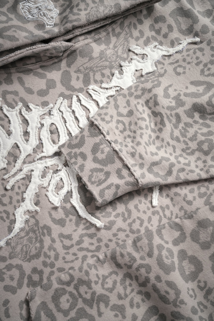 Forged From Iron Applique Destroyed Grunge Gage Box Cut Hoodie in Clay Leopard
