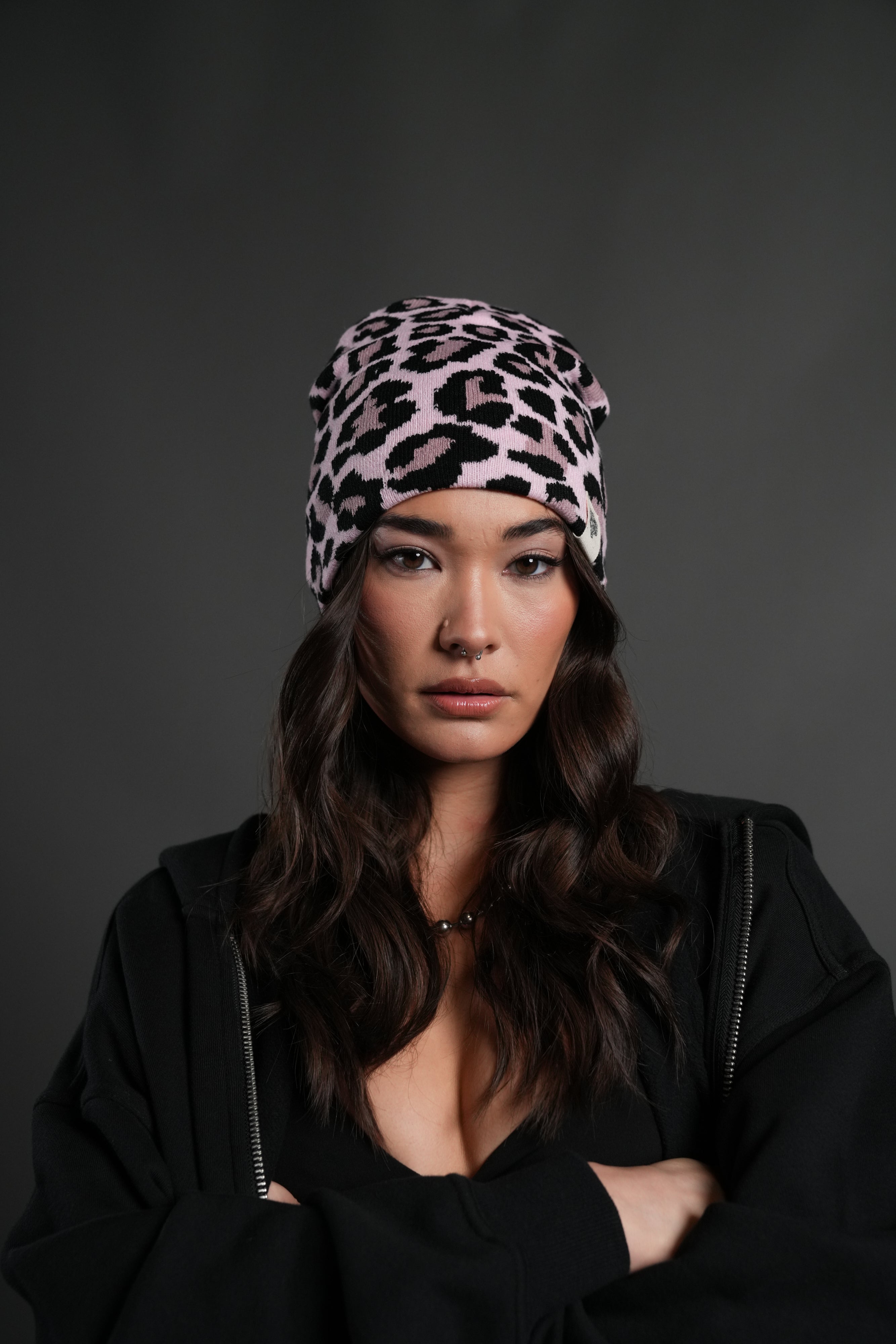 Wolf Patch V2 Cap Beanie in Cloud Pink Leopard