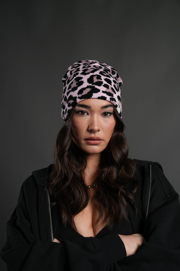 Wolf Patch V2 Cap Beanie in Cloud Pink Leopard
