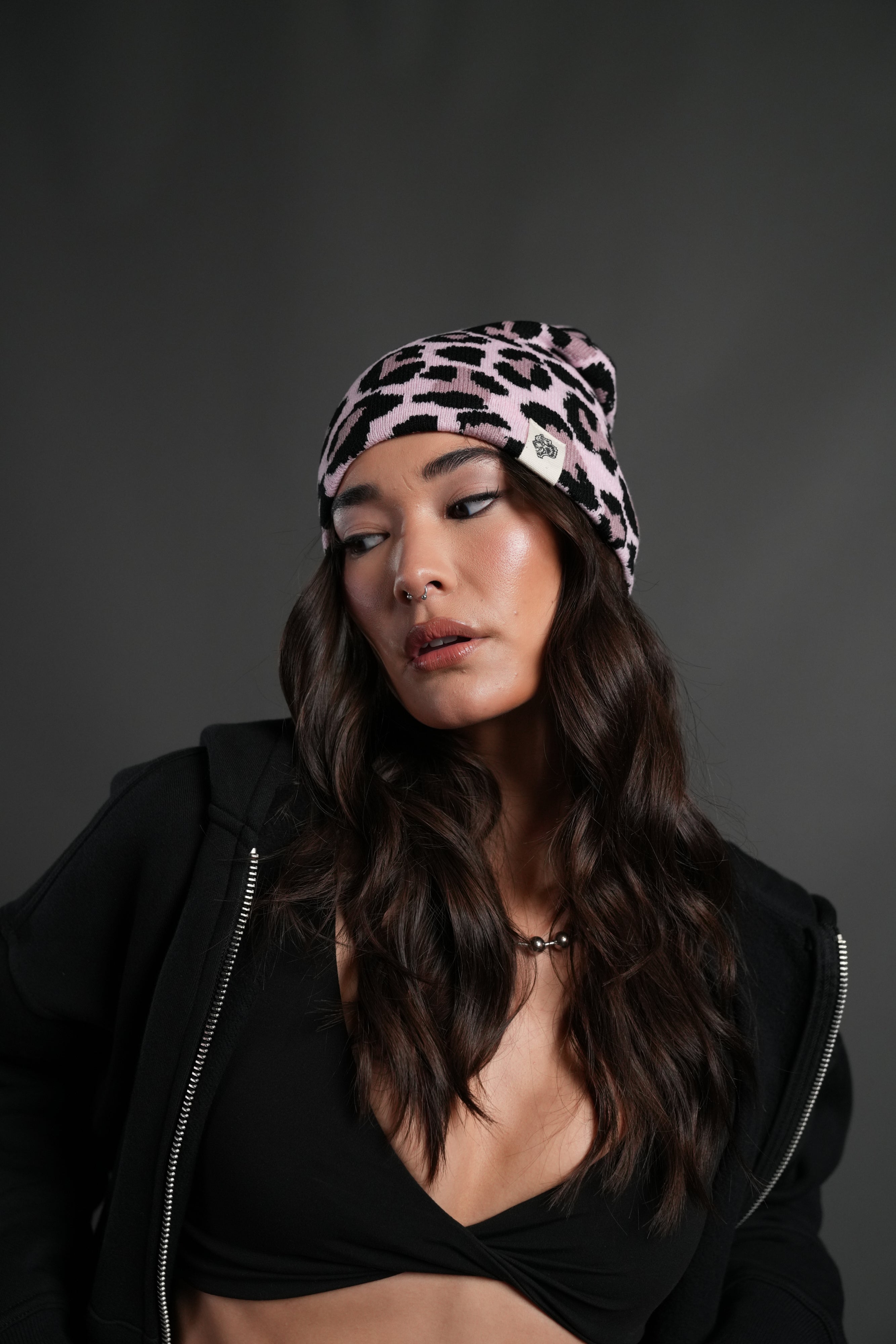 Wolf Patch V2 Cap Beanie in Cloud Pink Leopard