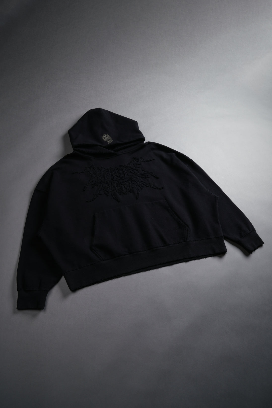 Forged From Iron Applique Destroyed Grunge Gage Box Cut Hoodie in Black