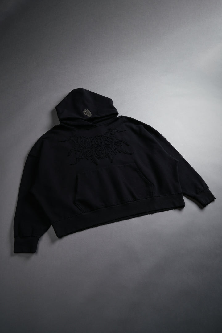 Forged From Iron Applique Destroyed Grunge Gage Box Cut Hoodie in Black