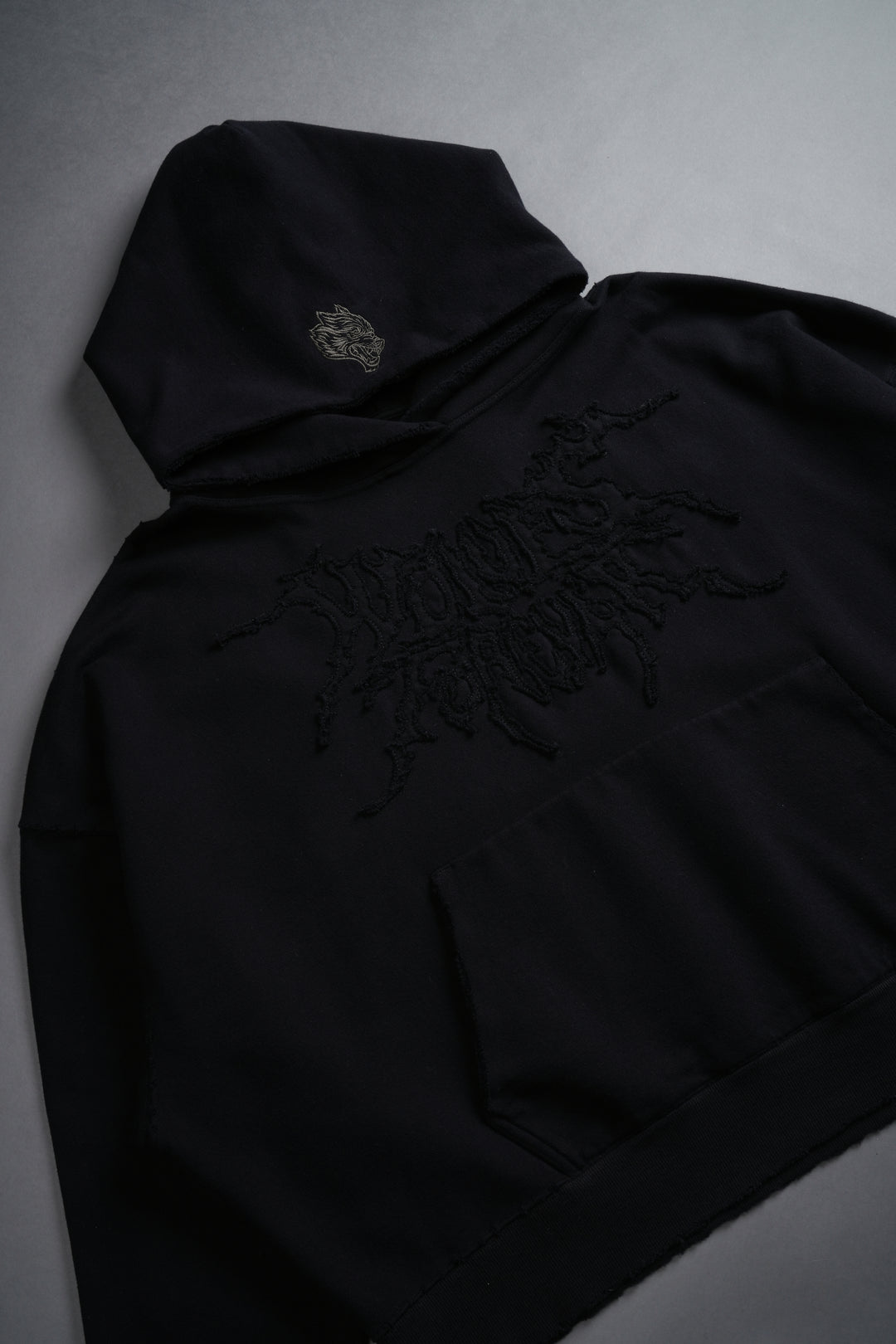 Forged From Iron Applique Destroyed Grunge Gage Box Cut Hoodie in Black