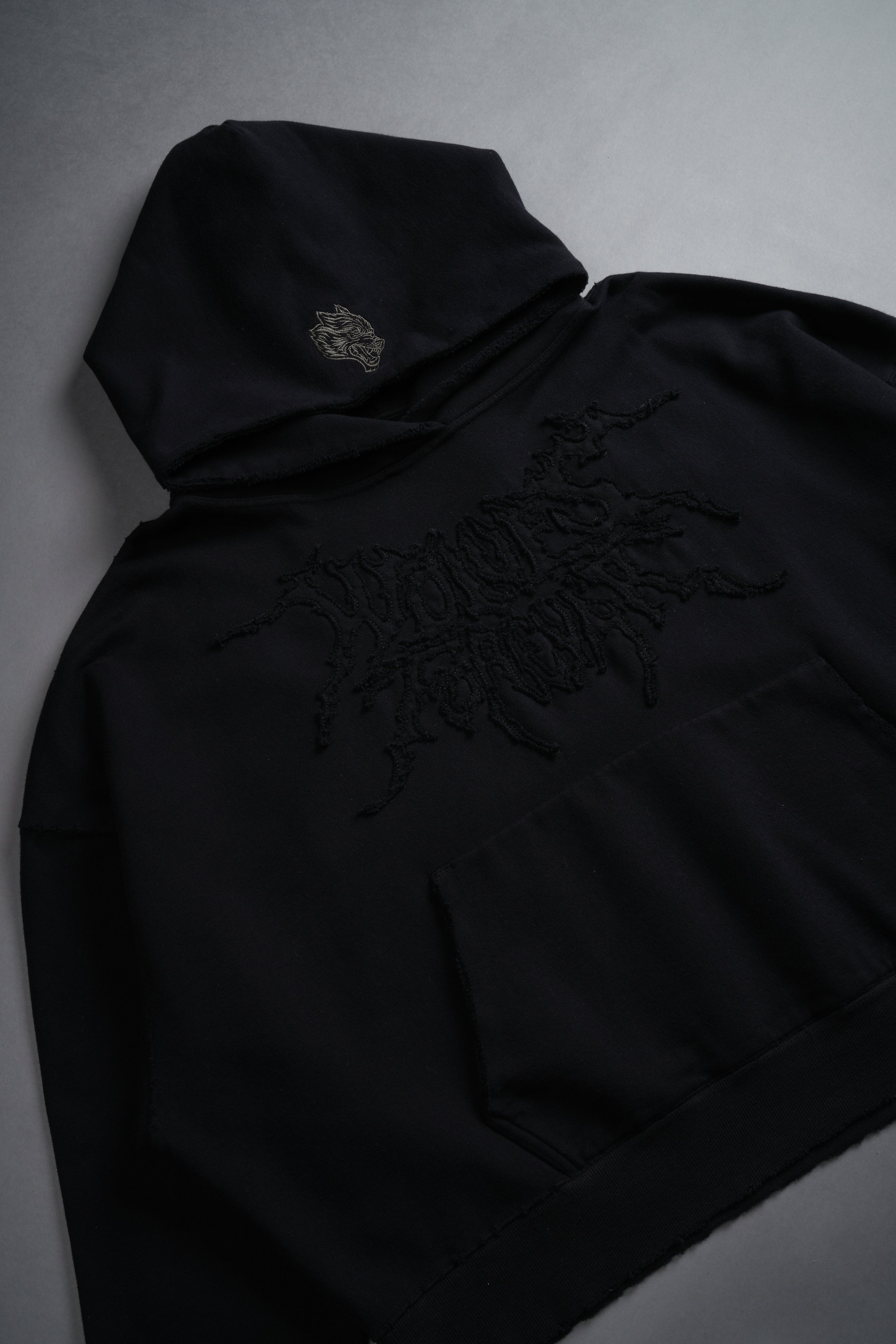 Forged From Iron Applique Destroyed Grunge Gage Box Cut Hoodie in Black