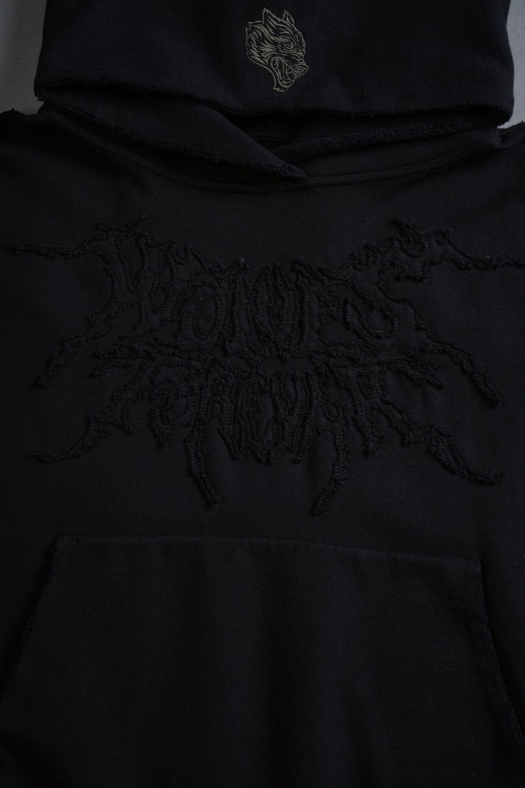 Forged From Iron Applique Destroyed Grunge Gage Box Cut Hoodie in Black