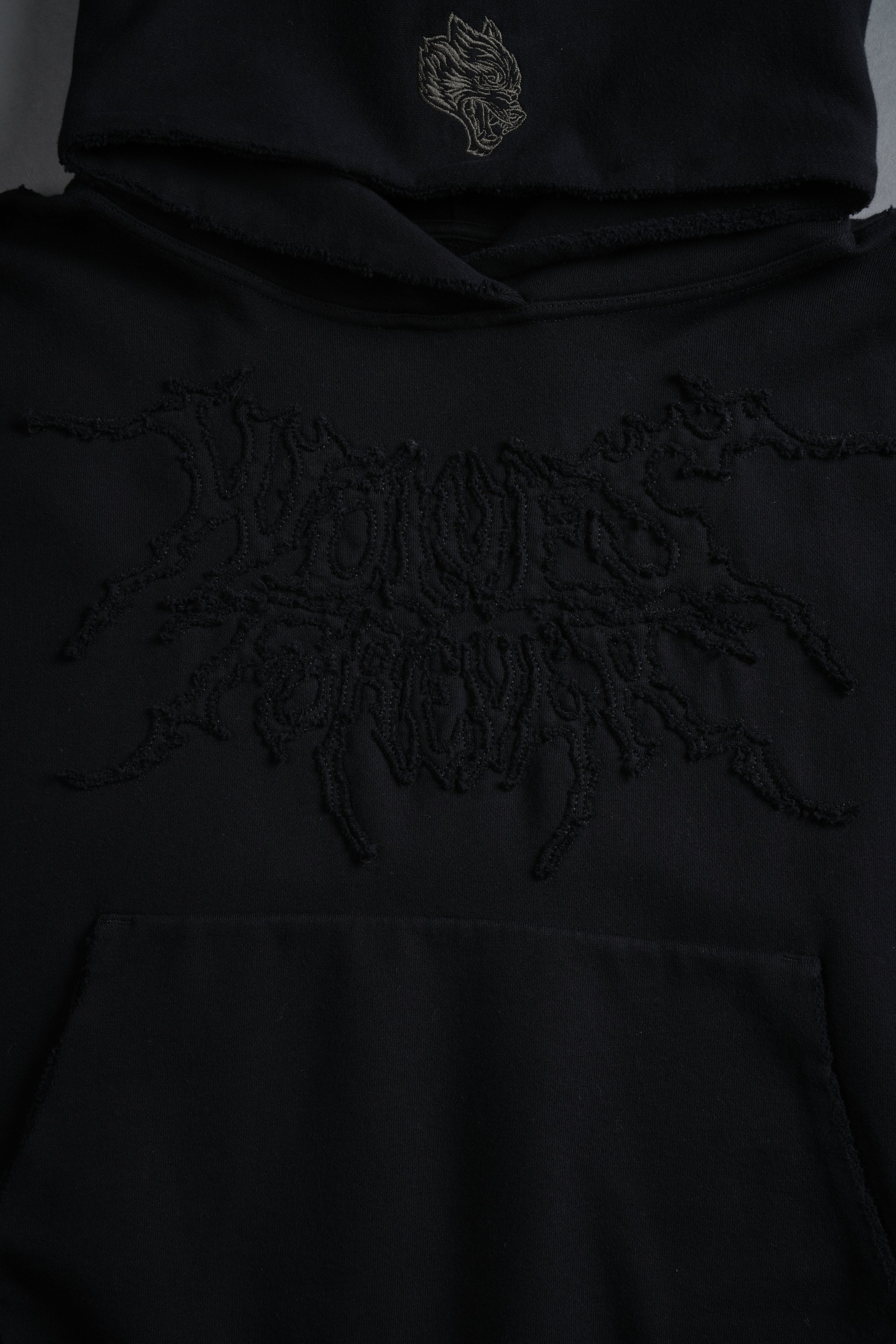 Forged From Iron Applique Destroyed Grunge Gage Box Cut Hoodie in Black