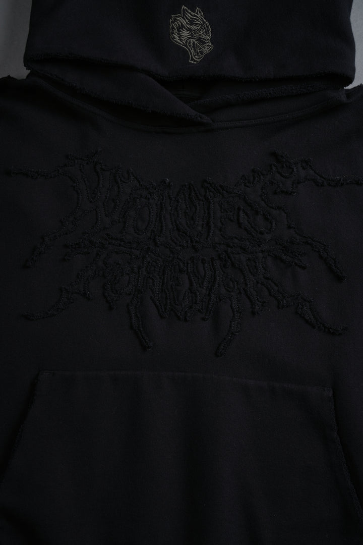 Forged From Iron Applique Destroyed Grunge Gage Box Cut Hoodie in Black