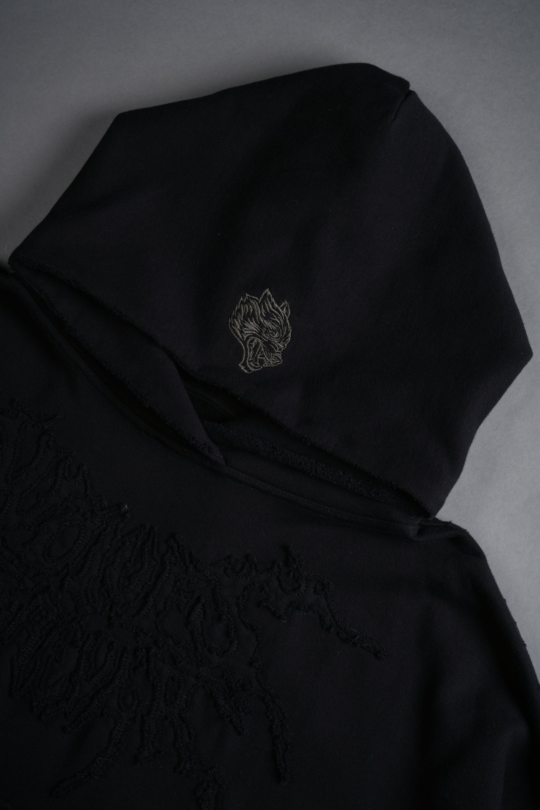 Forged From Iron Applique Destroyed Grunge Gage Box Cut Hoodie in Black