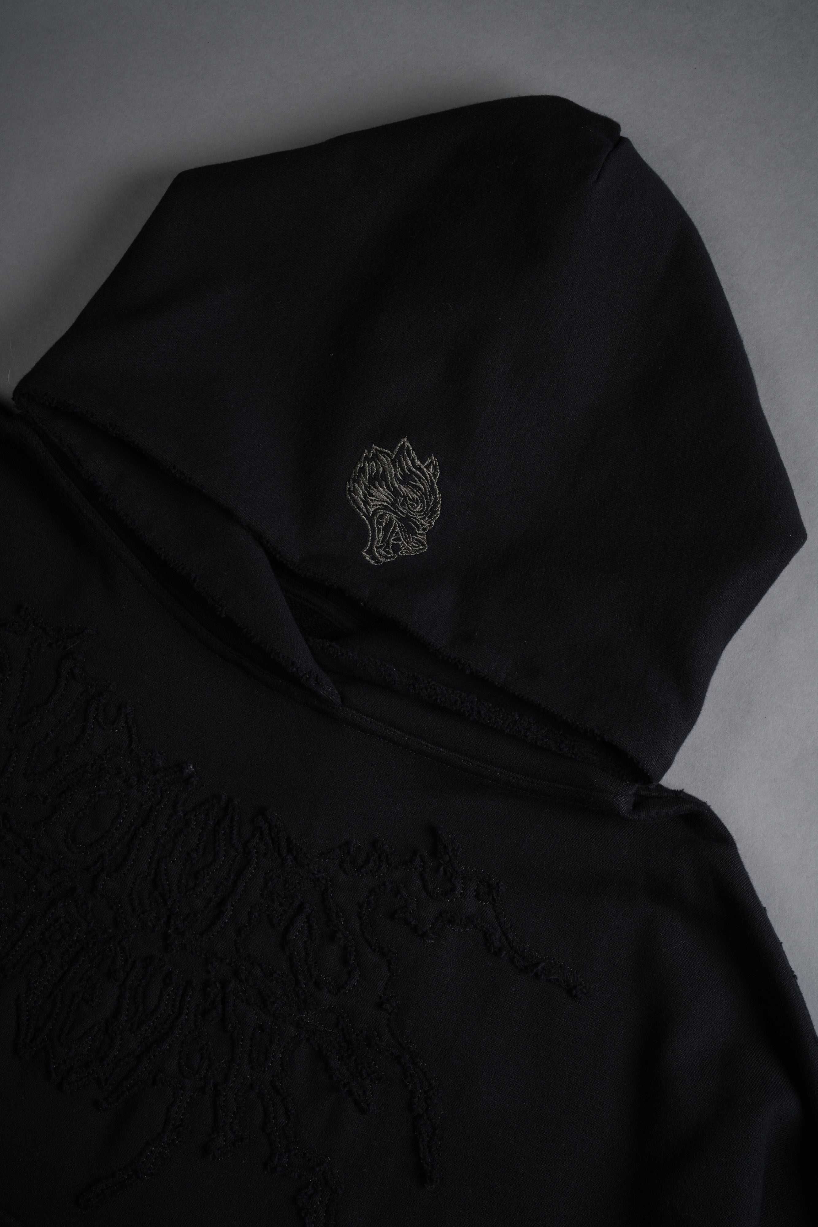 Forged From Iron Applique Destroyed Grunge Gage Box Cut Hoodie in Black