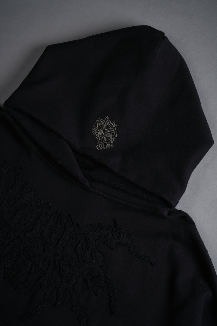 Forged From Iron Applique Destroyed Grunge Gage Box Cut Hoodie in Black