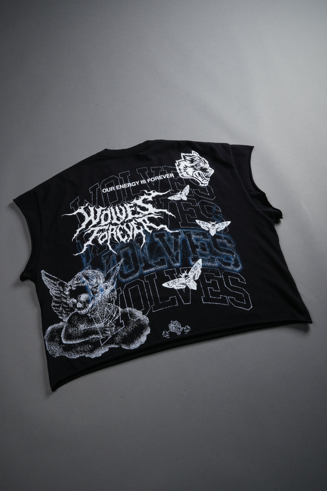 Work In Silence NFGU Grunge Cut-Off Mid Length Raw Hem Tee in Black