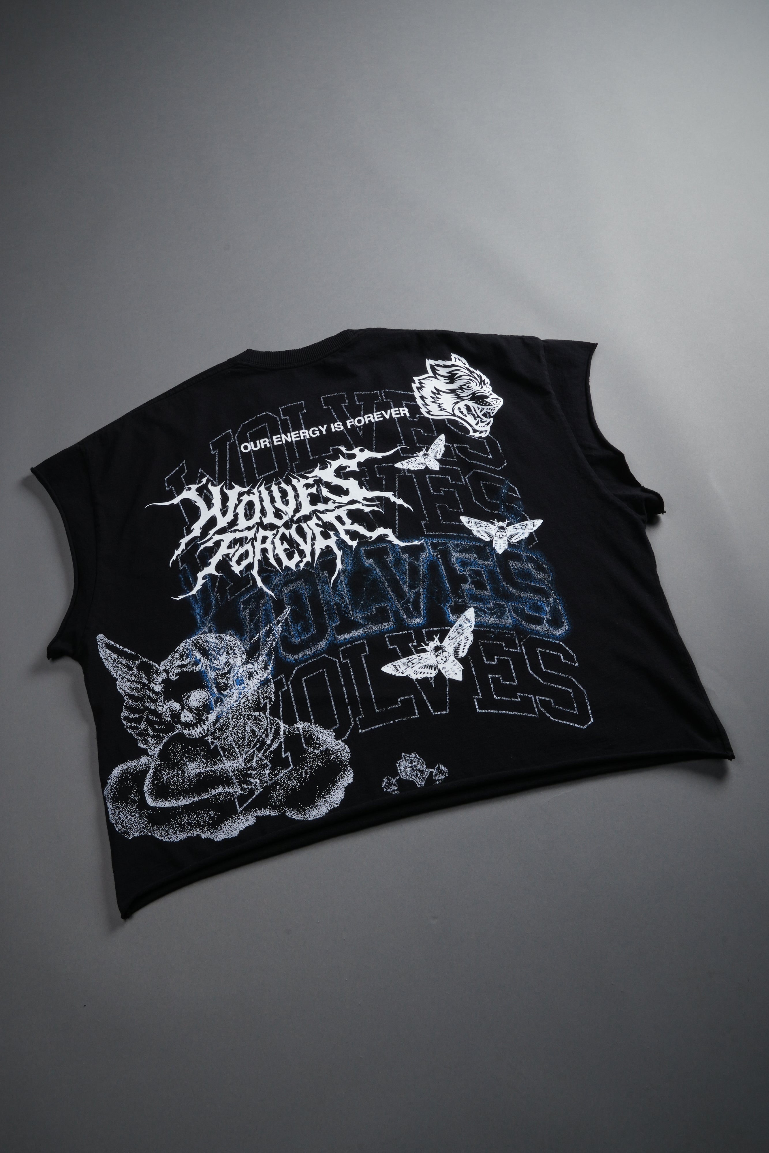 Work In Silence NFGU Grunge Cut-Off Mid Length Raw Hem Tee in Black