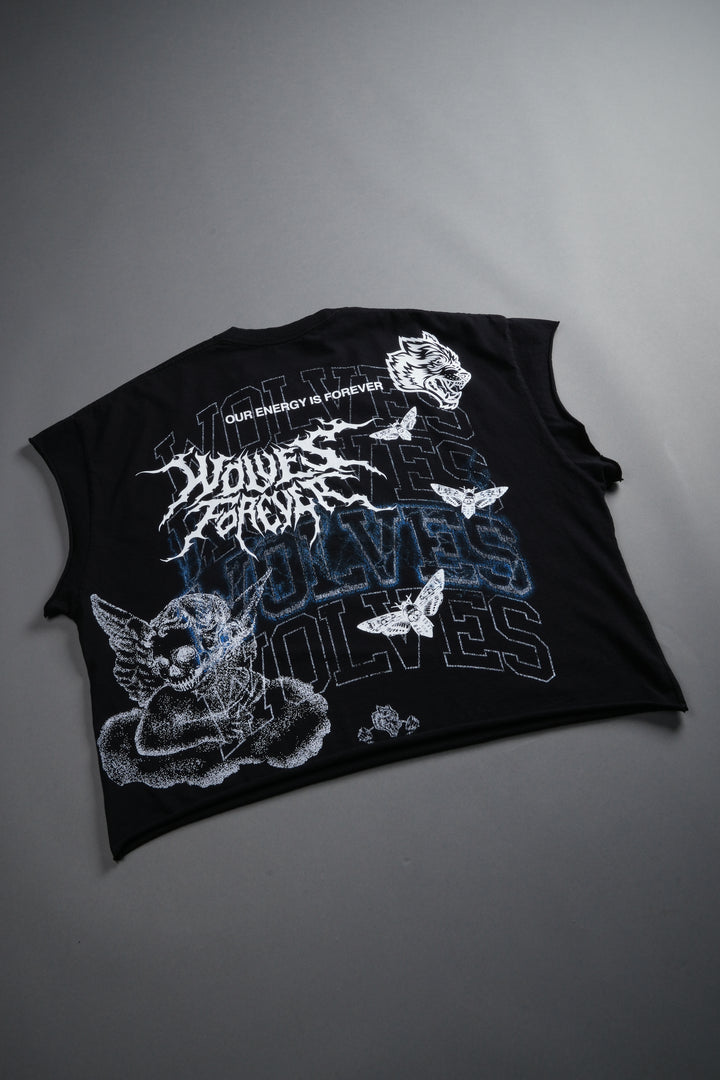 Work In Silence NFGU Grunge Cut-Off Mid Length Raw Hem Tee in Black