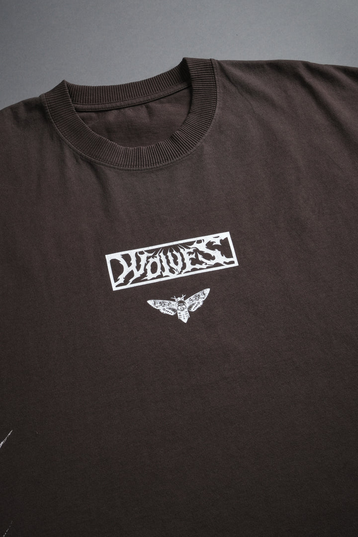 Death's-Head Grunge Cut-Off Mid Length Raw Hem Tee in Darc Brown Drift Wash