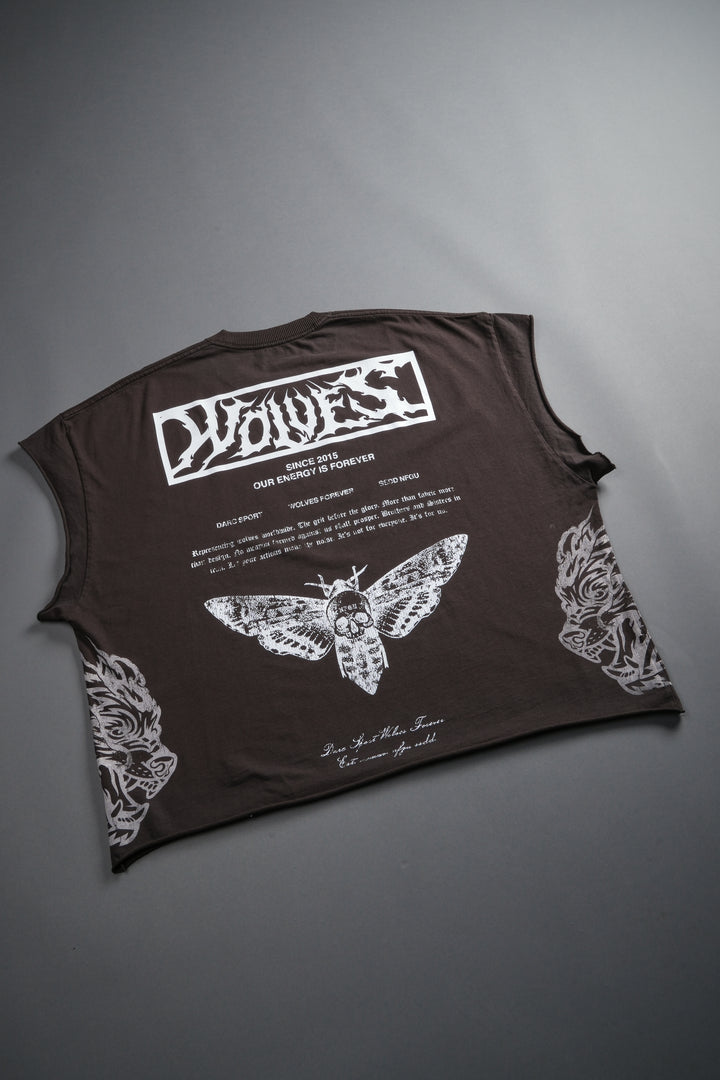 Death's-Head Grunge Cut-Off Mid Length Raw Hem Tee in Darc Brown Drift Wash