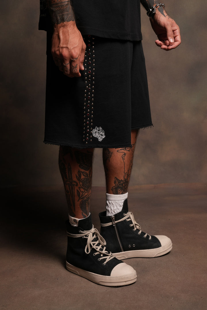 Stud Muerto Grunge Oversized Raw Hem Post Lounge Sweat Shorts In Black