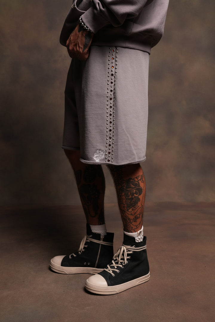 Stud Muerto Grunge Oversized Raw Hem Post Lounge Sweat Shorts In Pale Gray