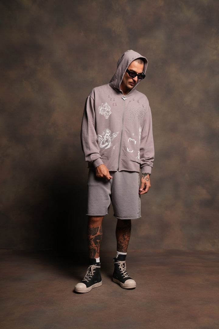 Darc Heaven Distressed Grunge Mid Length Raw Hem Zip Hoodie In Pale Gray