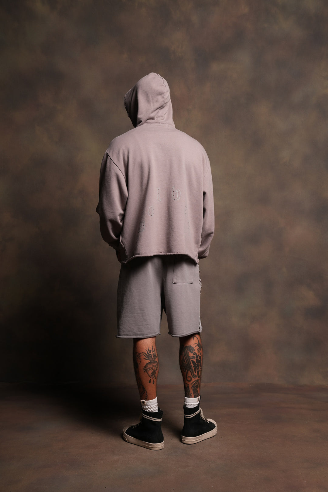 Darc Heaven Distressed Grunge Mid Length Raw Hem Zip Hoodie In Pale Gray