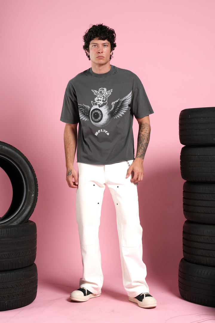 Flight Club Distressed Grunge Mid-Length Raw Hem Tee in Wolf Gray