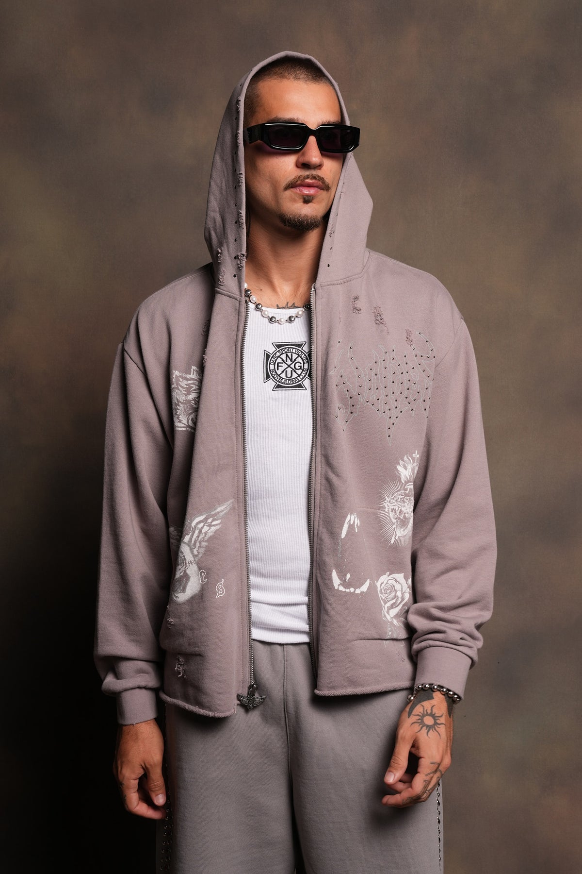 Darc Heaven Distressed Grunge Mid Length Raw Hem Zip Hoodie In Pale Gray