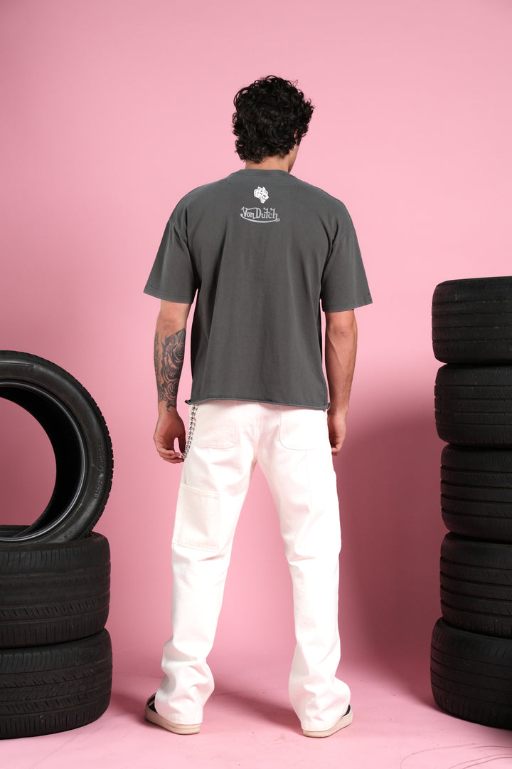 Flight Club Distressed Grunge Mid-Length Raw Hem Tee in Wolf Gray