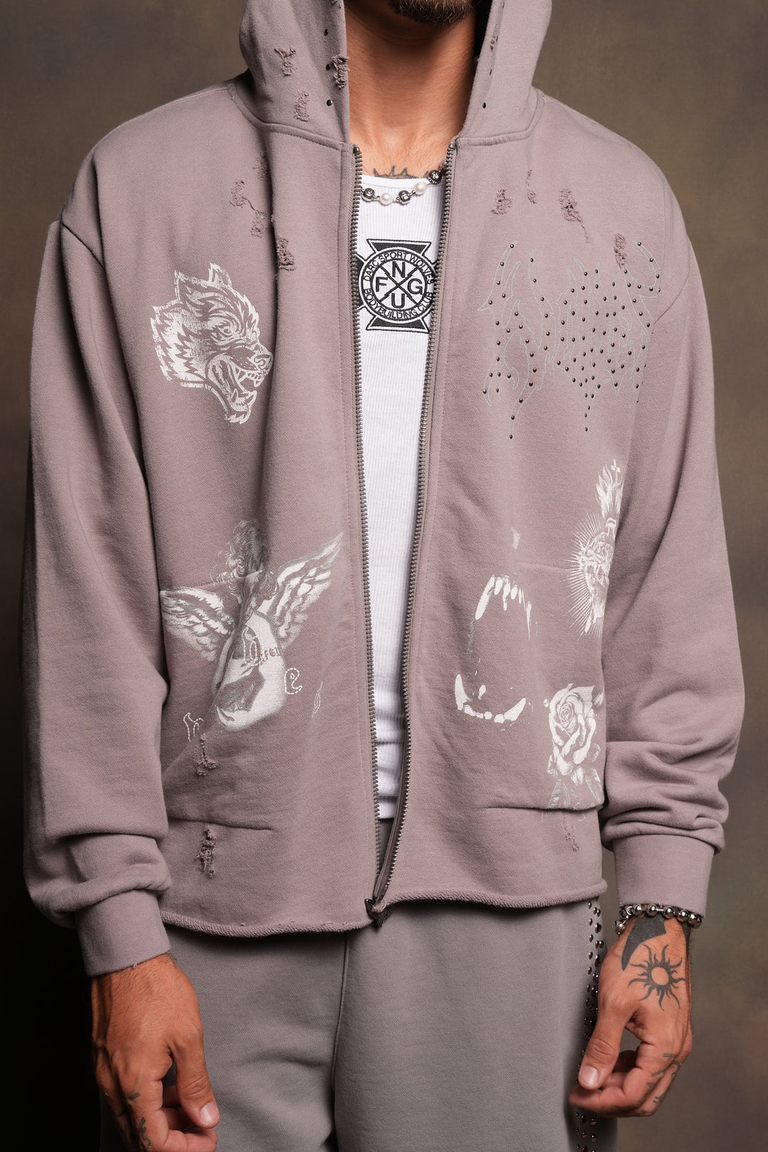 Darc Heaven Distressed Grunge Mid Length Raw Hem Zip Hoodie In Pale Gray