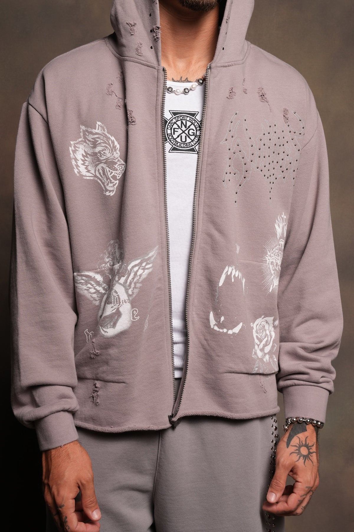 Darc Heaven Distressed Grunge Mid Length Raw Hem Zip Hoodie In Pale Gray