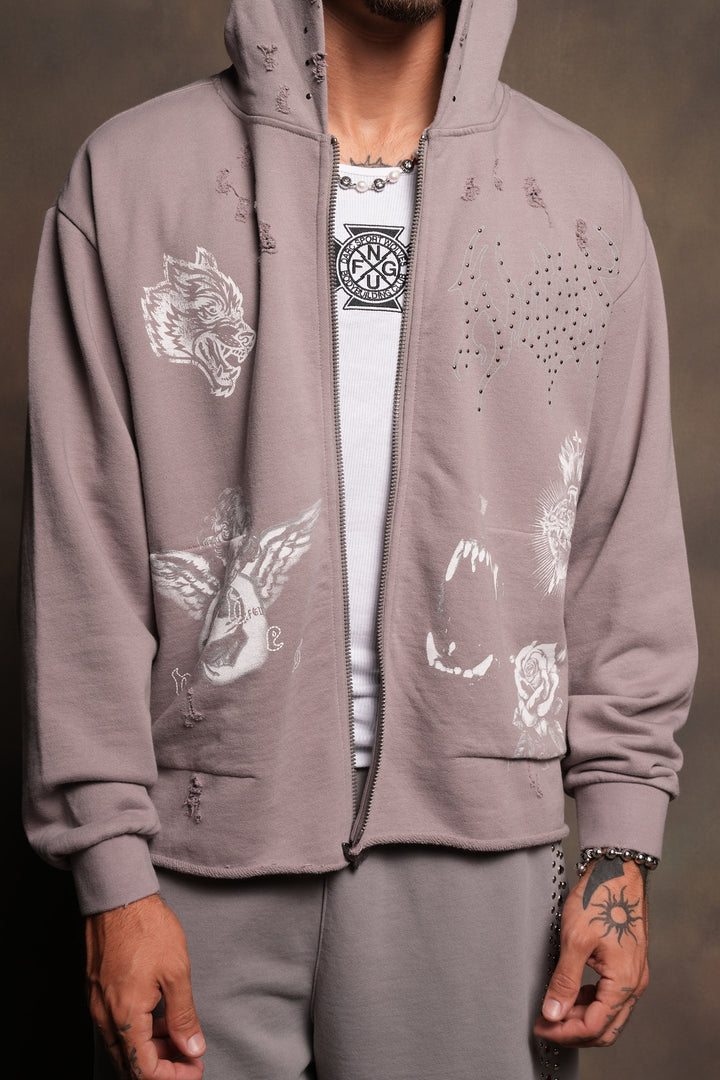 Darc Heaven Distressed Grunge Mid Length Raw Hem Zip Hoodie In Pale Gray
