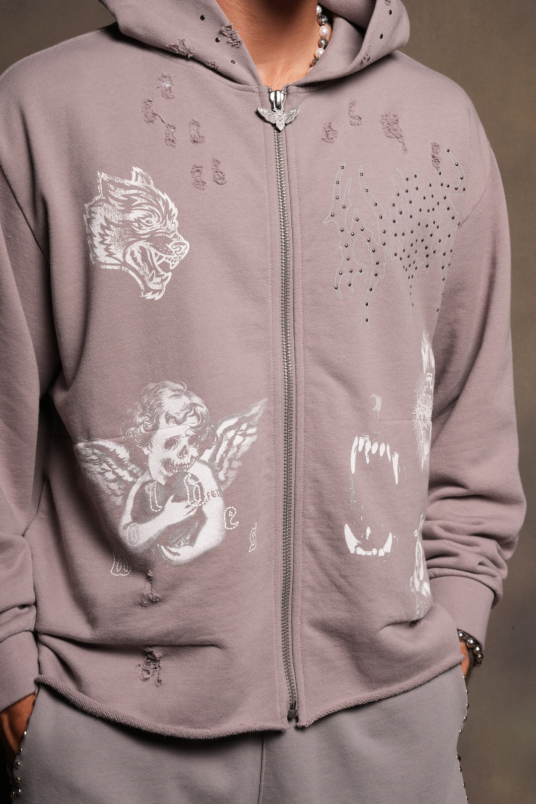 Darc Heaven Distressed Grunge Mid Length Raw Hem Zip Hoodie In Pale Gray