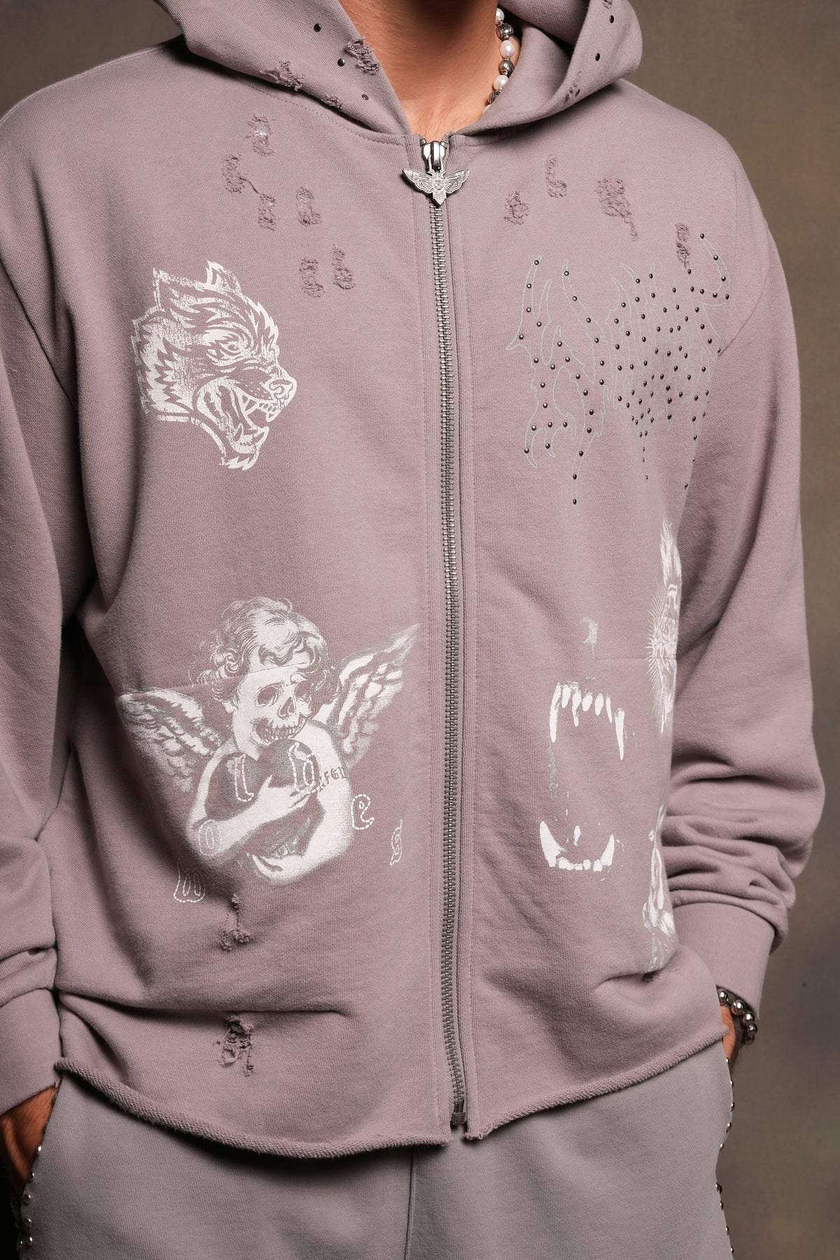 Darc Heaven Distressed Grunge Mid Length Raw Hem Zip Hoodie In Pale Gray