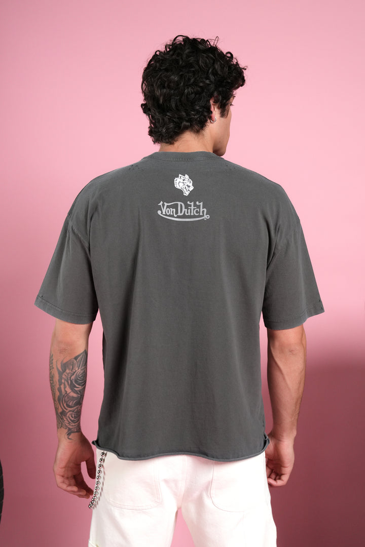 Flight Club Distressed Grunge Mid-Length Raw Hem Tee in Wolf Gray