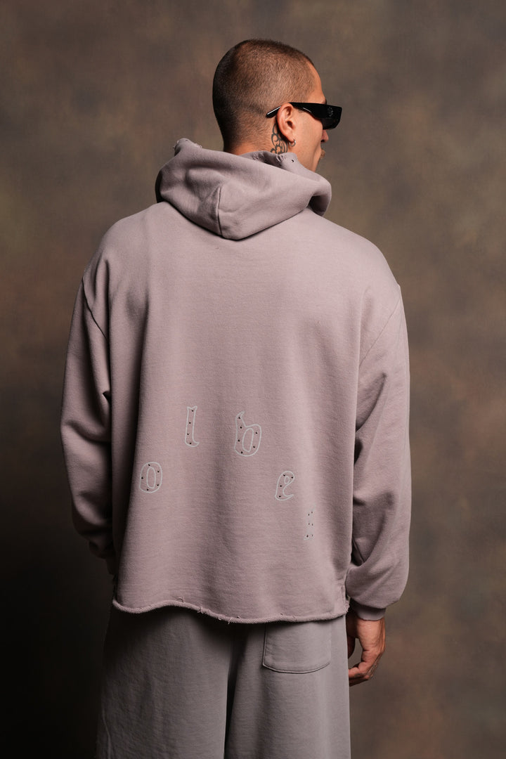 Darc Heaven Distressed Grunge Mid Length Raw Hem Zip Hoodie In Pale Gray