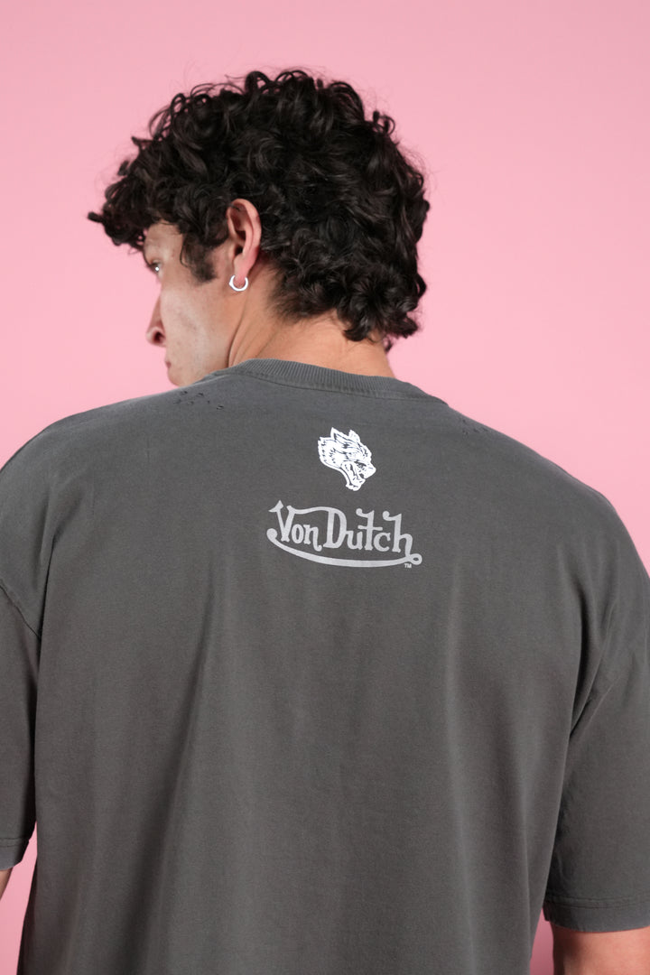 Flight Club Distressed Grunge Mid-Length Raw Hem Tee in Wolf Gray