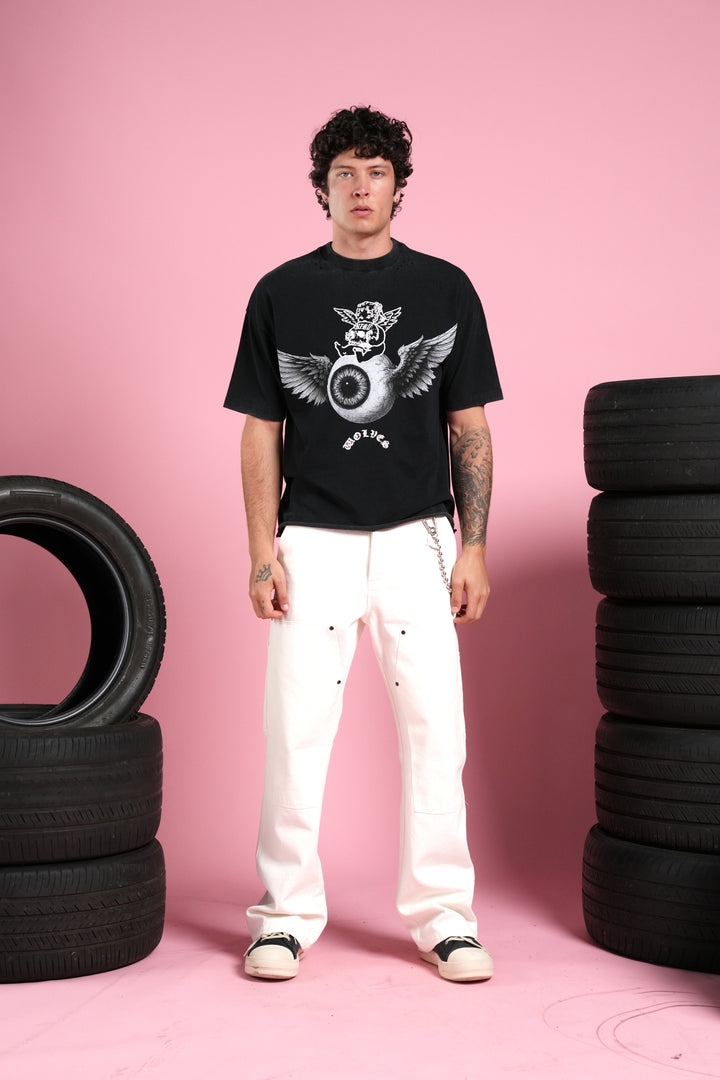 Flight Club Distressed Grunge Mid-Length Raw Hem Tee in Black