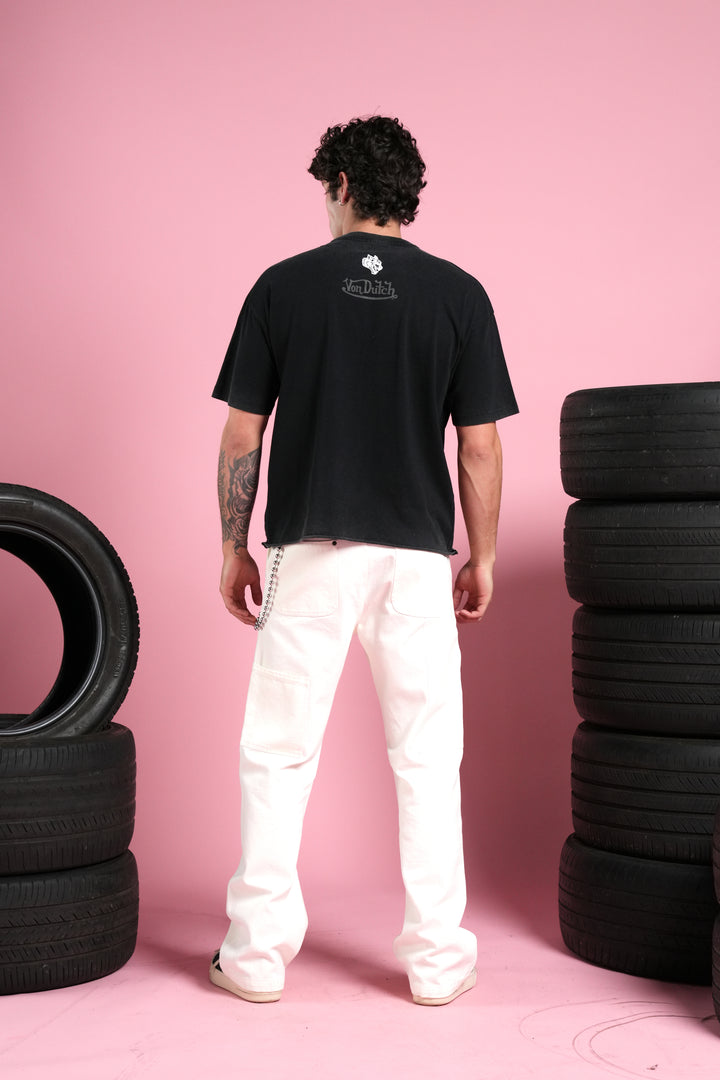 Flight Club Distressed Grunge Mid-Length Raw Hem Tee in Black