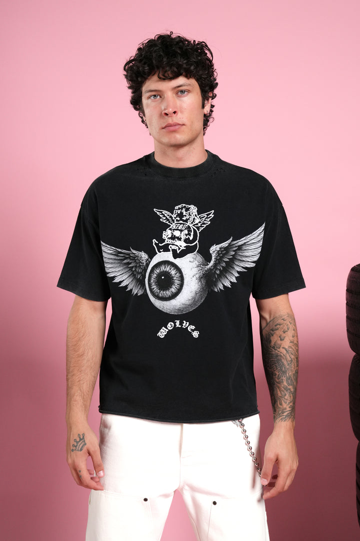 Flight Club Distressed Grunge Mid-Length Raw Hem Tee in Black