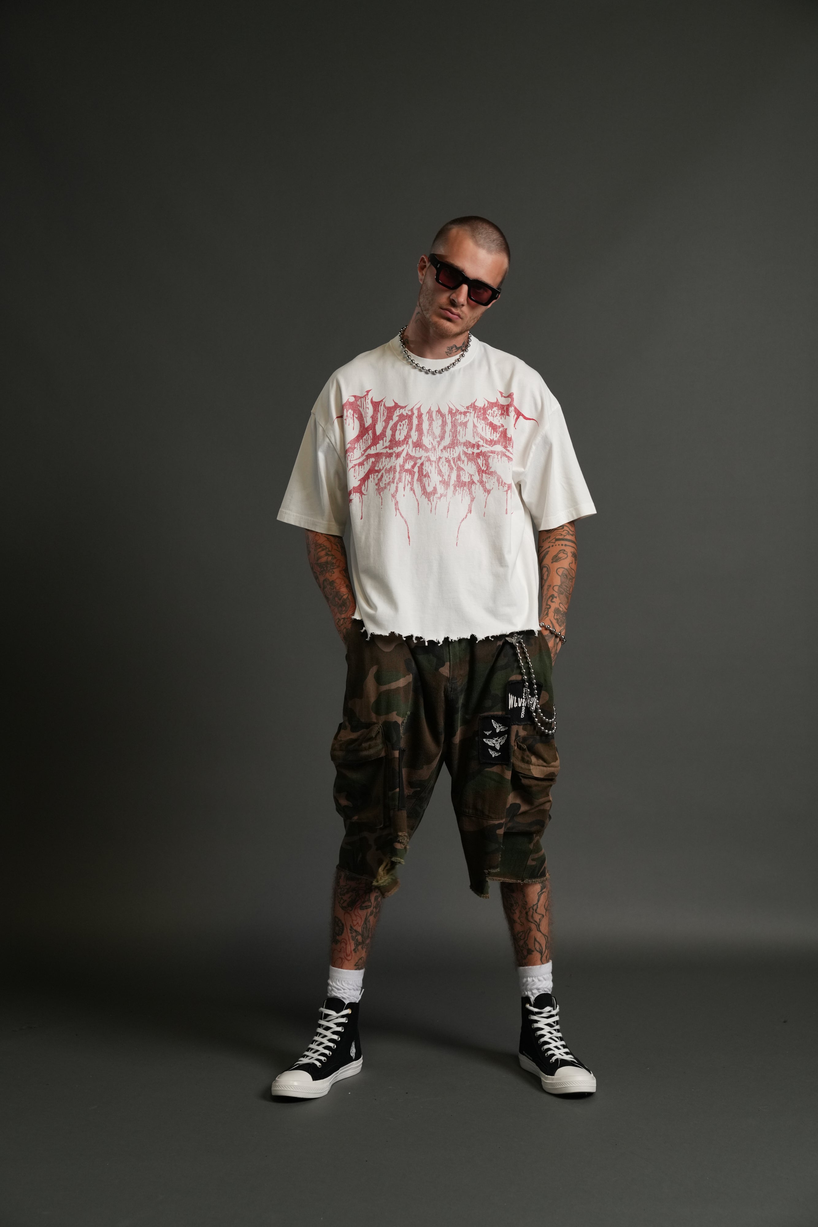 Drip Hesh Destroyed Grunge "Box Cut" Tee in Cream