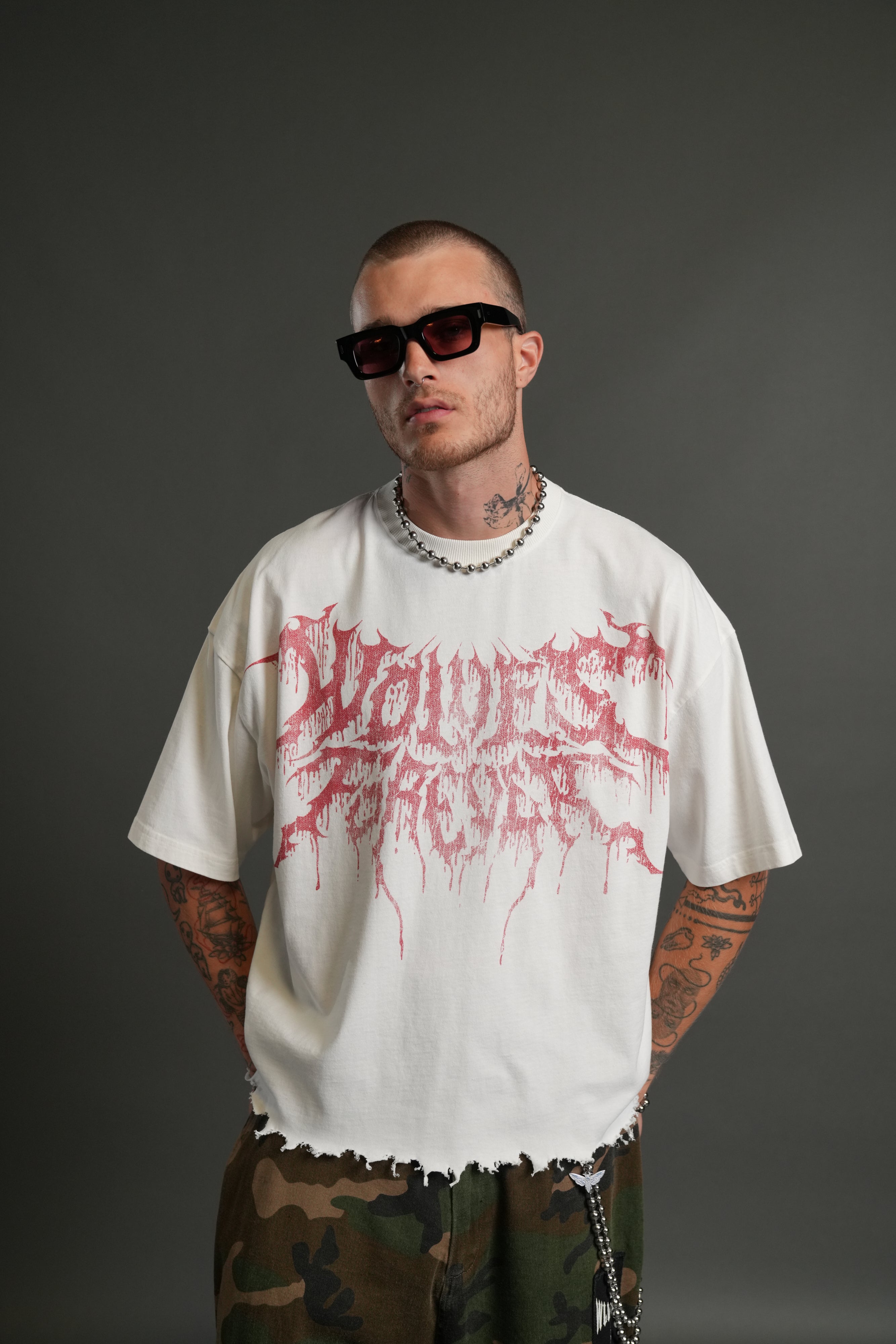 Drip Hesh Destroyed Grunge "Box Cut" Tee in Cream