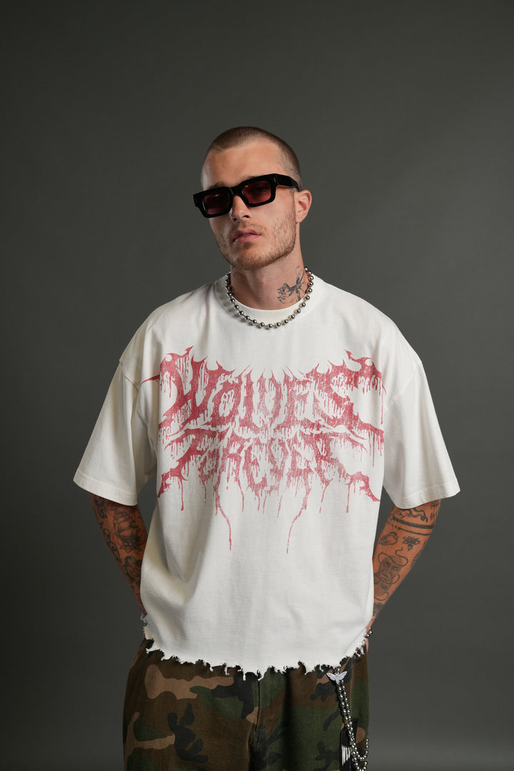 Drip Hesh Destroyed Grunge "Box Cut" Tee in Cream