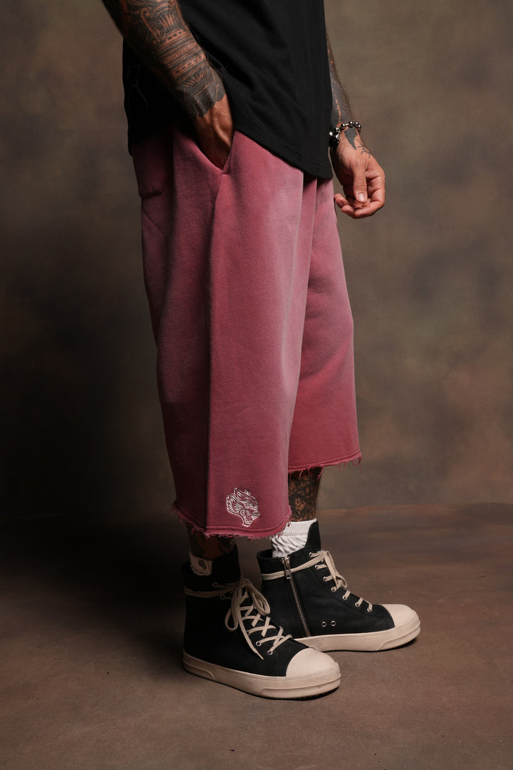 Dual Wolf Capri Sweat Pants In Cherry Red Super Sun Fade