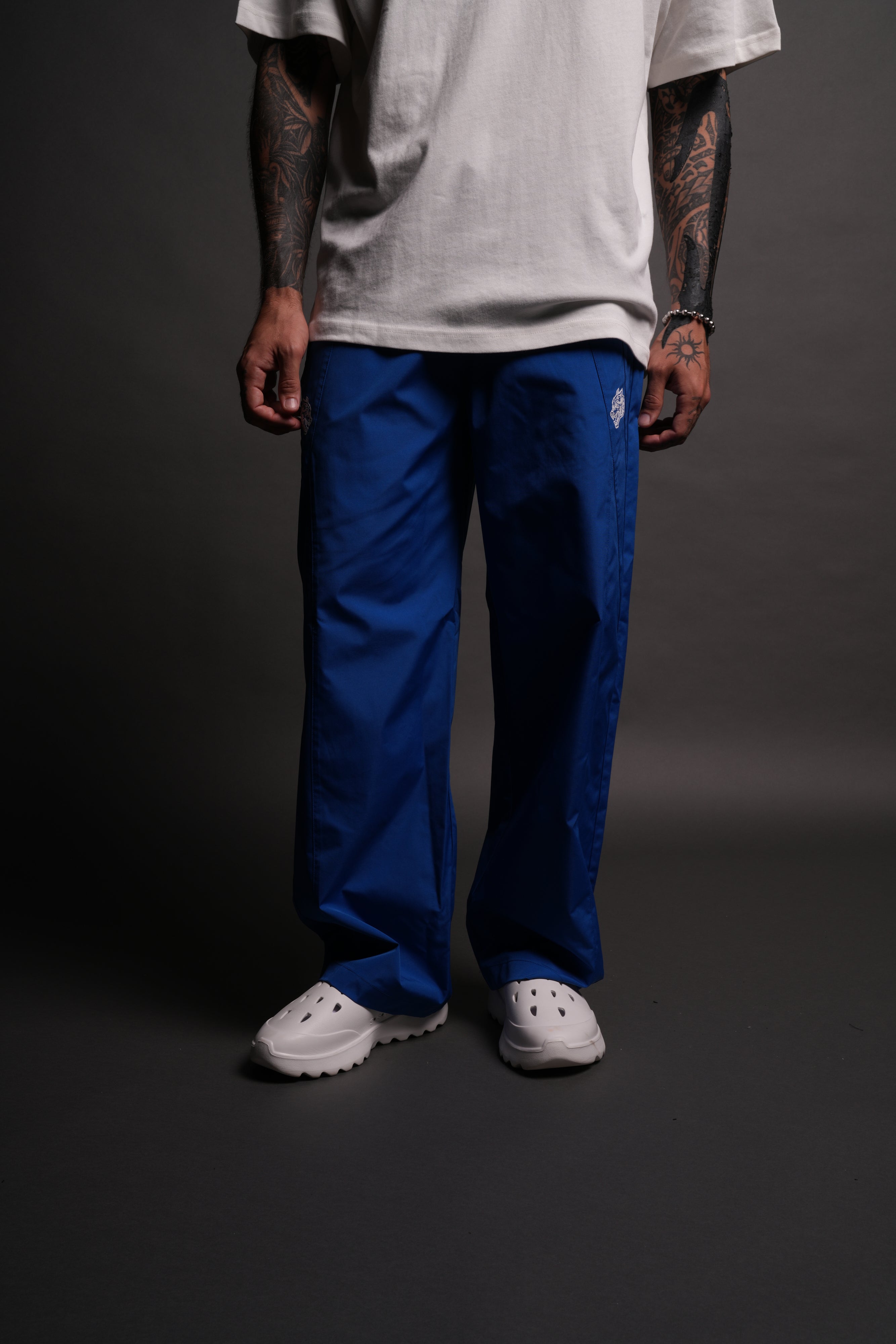 Dual Wolf Chopper Brolic Unisex Track Pants in Cobalt Blue